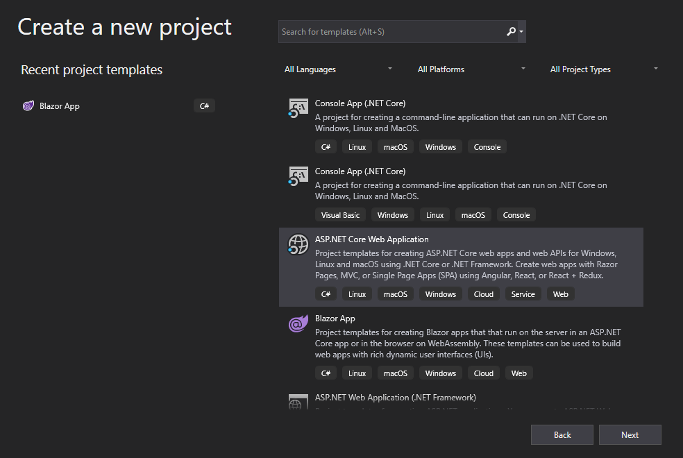New ASP NET Core Web App project